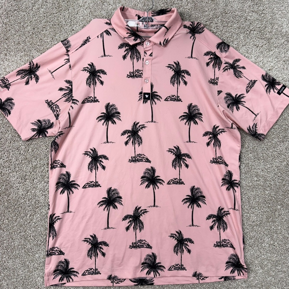 Bad Birdie Polo Mens 2XL Palm Tree Pink Short Sleeve Rose Hill Golf Club EUC